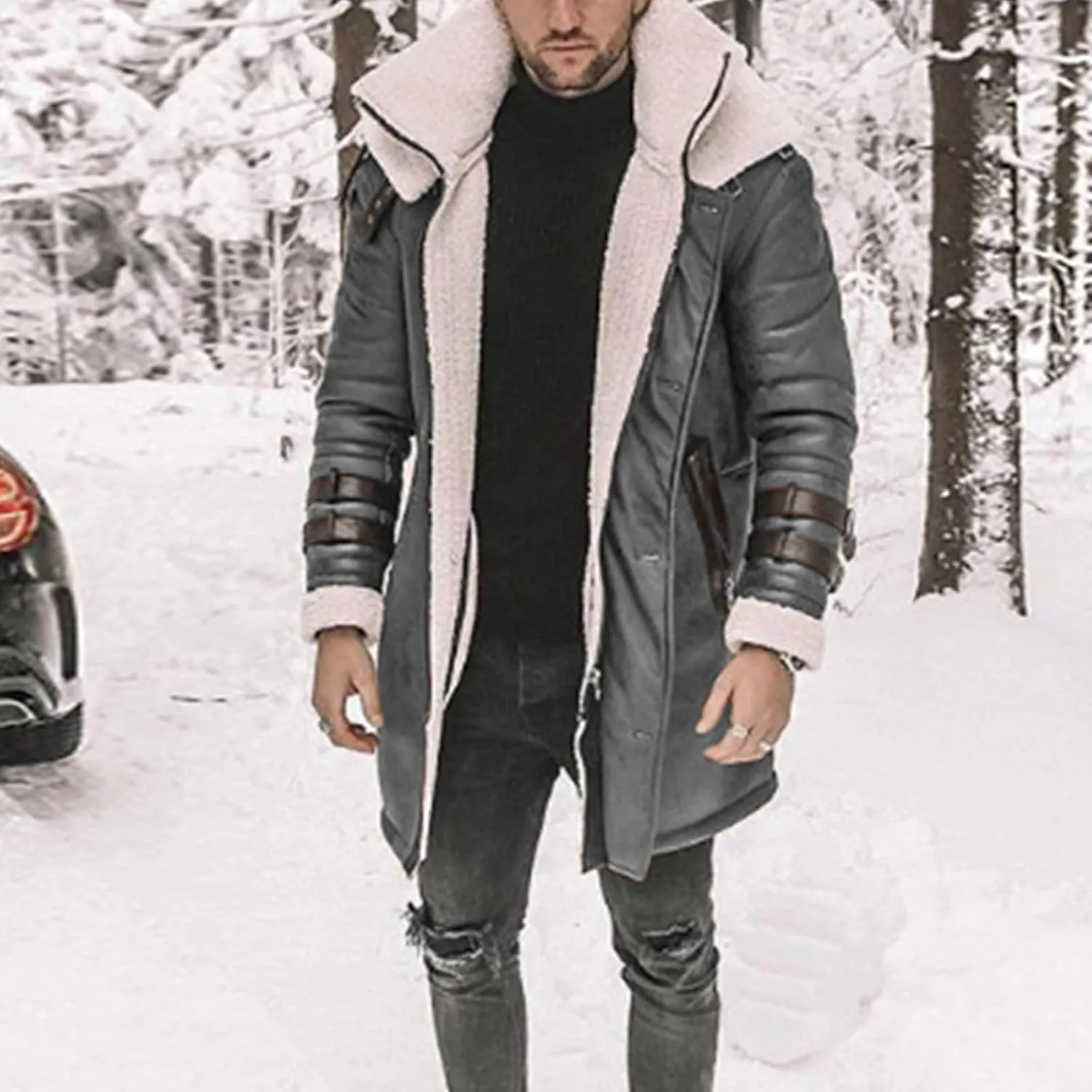 Mens Faux Lambskin Swedish Bomber Coat Long Jackets Fleece Sherpa Lined Leather Jacket Fur Coats for Men