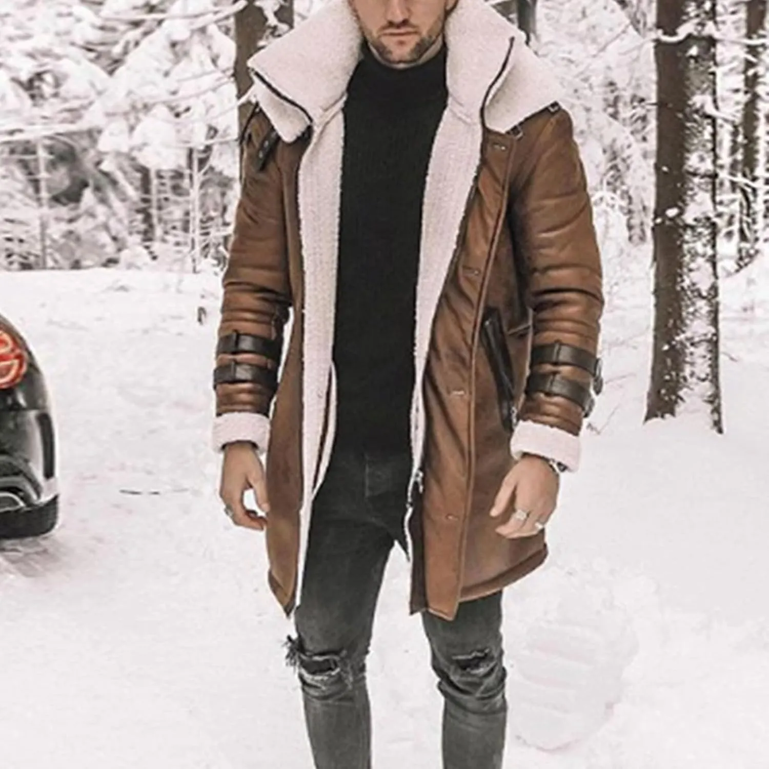 Mens Faux Lambskin Swedish Bomber Coat Long Jackets Fleece Sherpa Lined Leather Jacket Fur Coats for Men