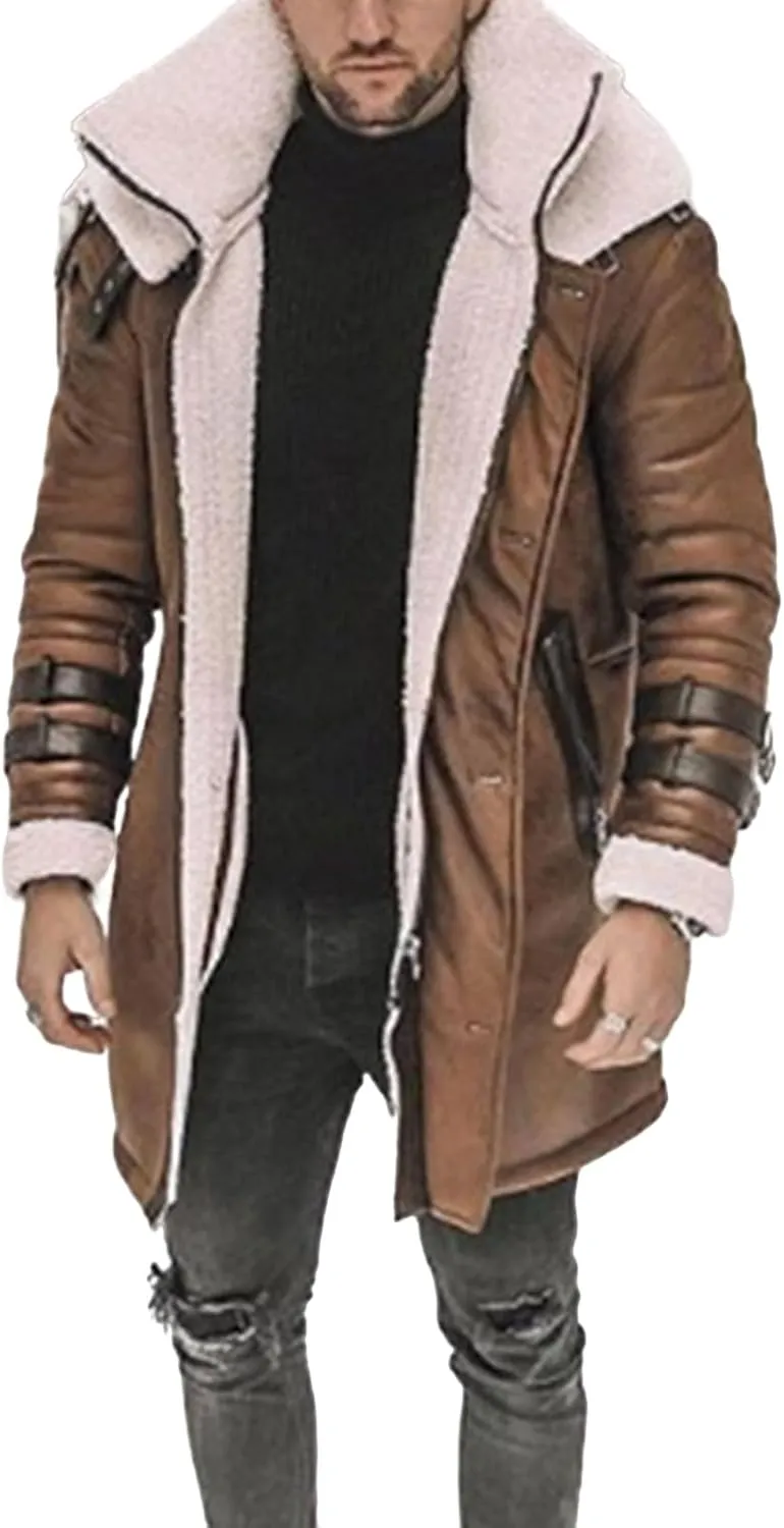 Mens Faux Lambskin Swedish Bomber Coat Long Jackets Fleece Sherpa Lined Leather Jacket Fur Coats for Men