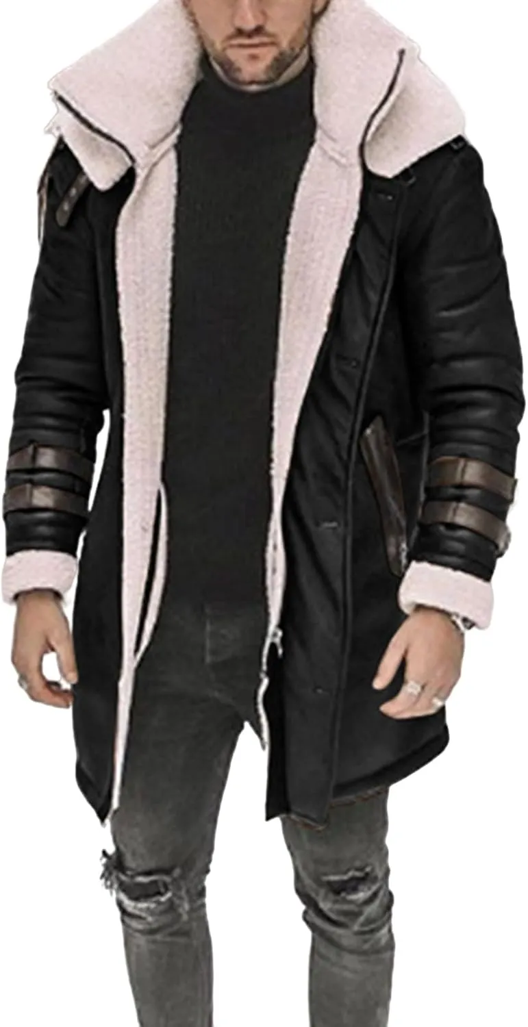 Mens Faux Lambskin Swedish Bomber Coat Long Jackets Fleece Sherpa Lined Leather Jacket Fur Coats for Men