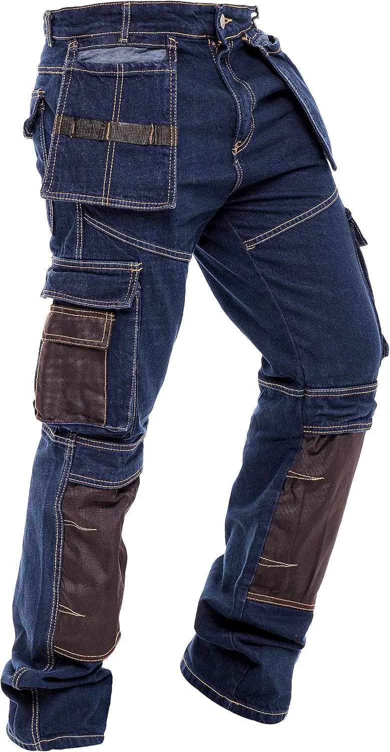 Mens Work Pants Tactical Utility Cargo Work Trousers Heavy Duty Construction Pants for Men Multi Pockets Denim Working Jeans