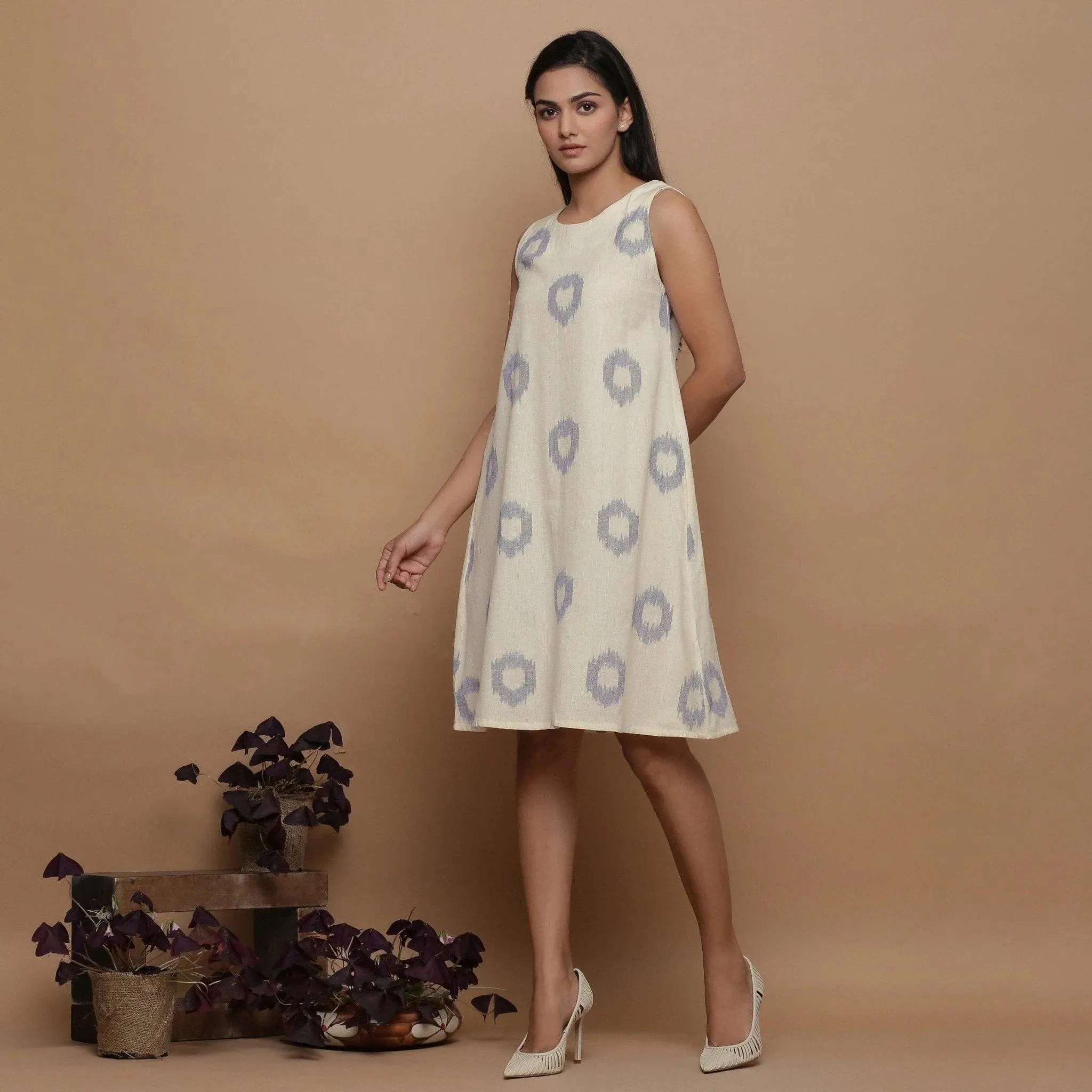Off-White Handwoven Ikat Cotton Sleeveless Knee Length Dress