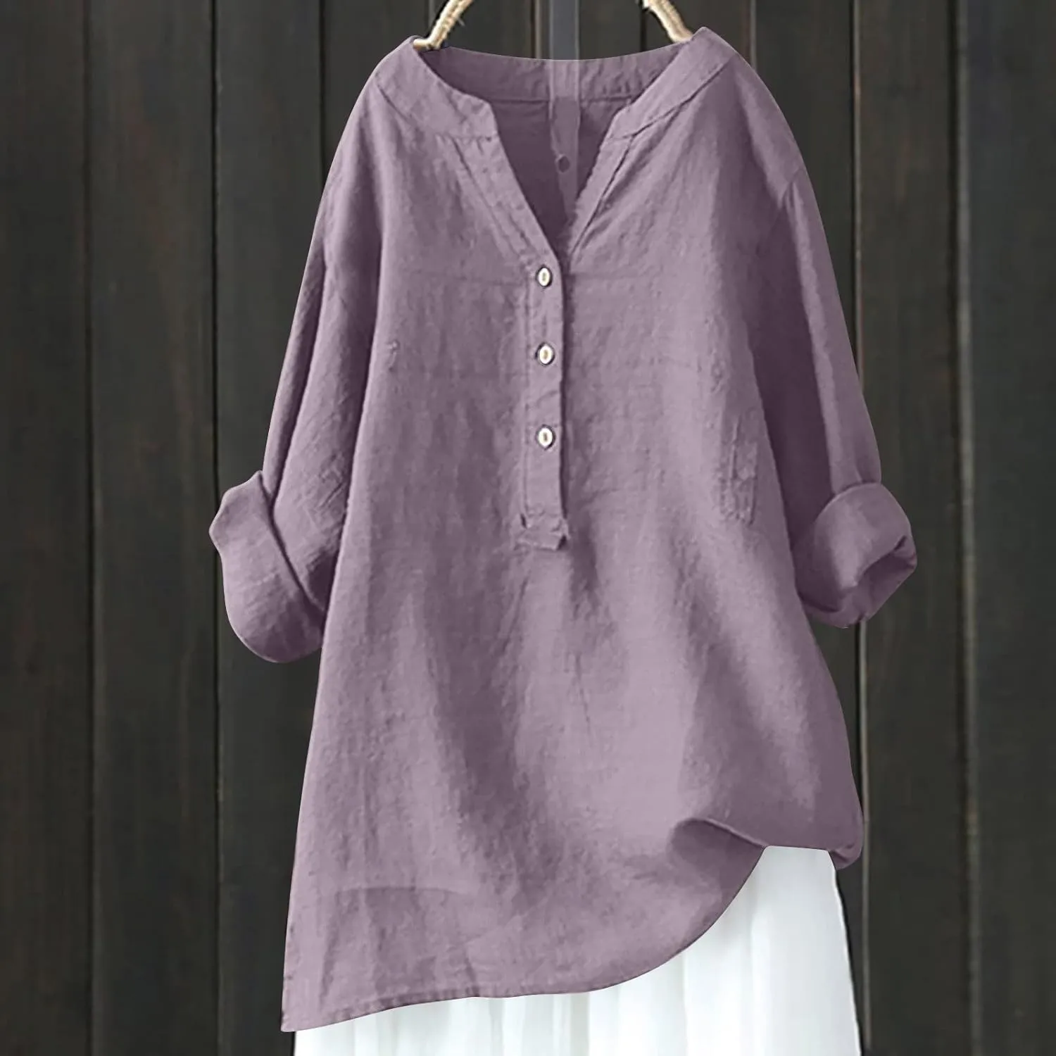 Plus Size Linen Button Down Shirts for Women Summer V Neck Tshirts Roll-Up Sleeve Tops Loose Fit Beach Clothes