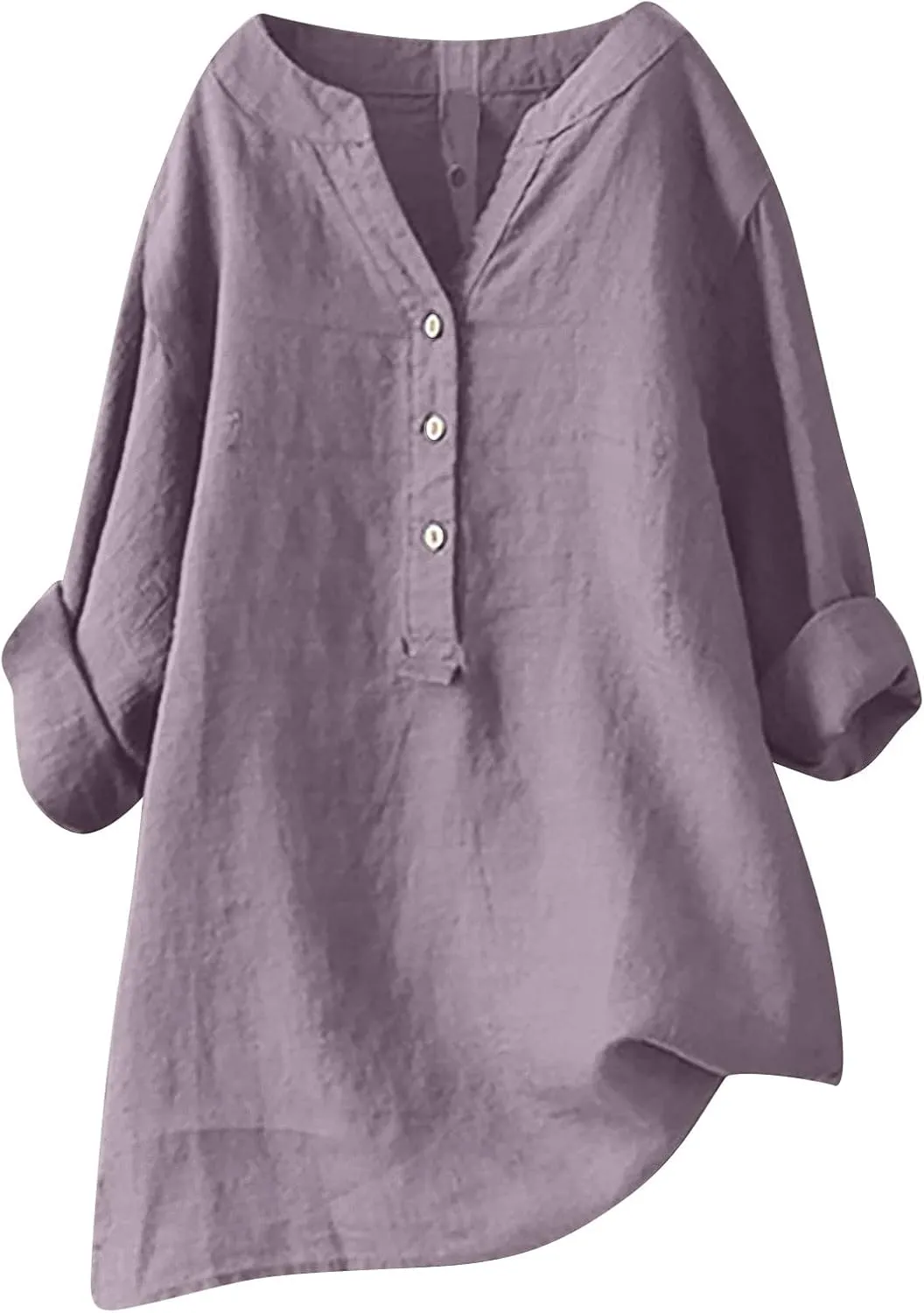 Plus Size Linen Button Down Shirts for Women Summer V Neck Tshirts Roll-Up Sleeve Tops Loose Fit Beach Clothes