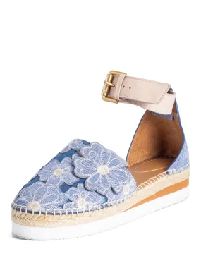 See by Chloe Floral Denim Ankle Strap Espadrilles Platform Sandals Blue