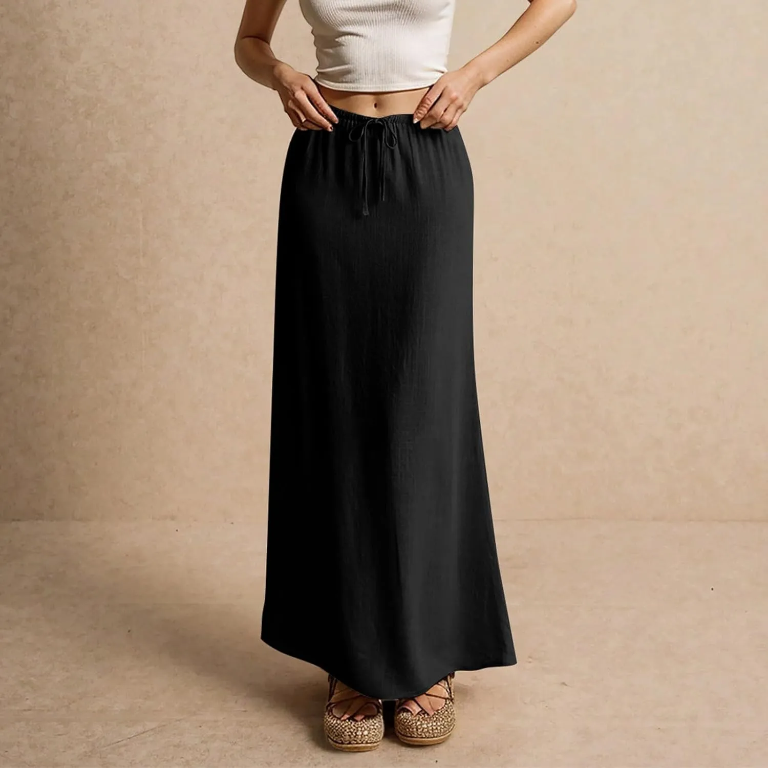 Spring Skirts for Women Cotton Linen Long Summer Casual Drawstring Low Waist Linen Skirts Flowy Vacation Boho