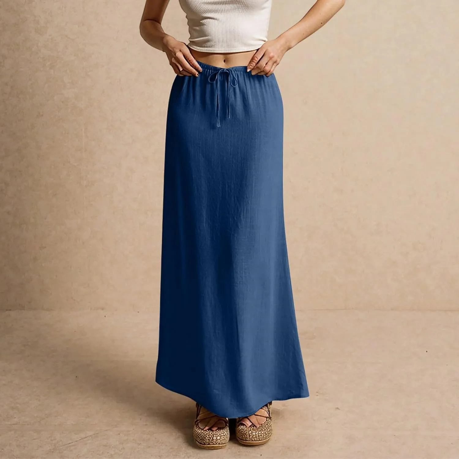 Spring Skirts for Women Cotton Linen Long Summer Casual Drawstring Low Waist Linen Skirts Flowy Vacation Boho