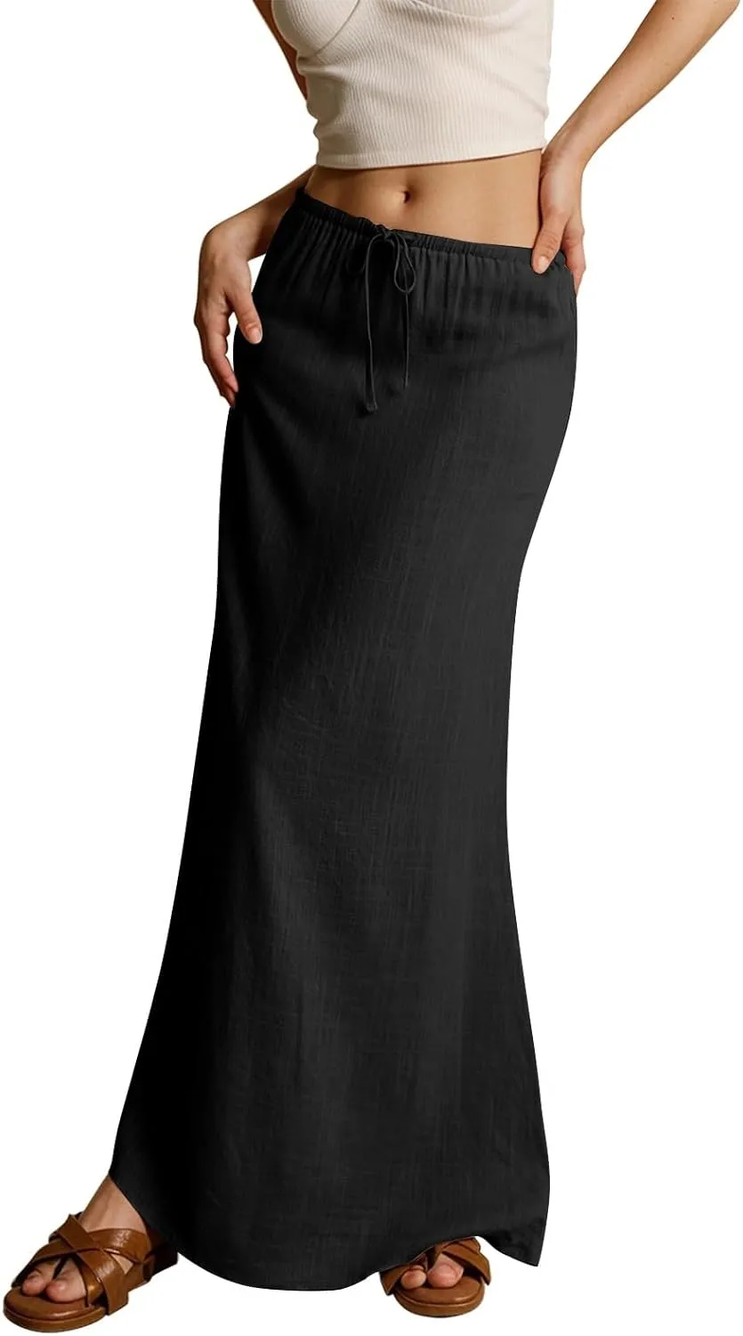 Spring Skirts for Women Cotton Linen Long Summer Casual Drawstring Low Waist Linen Skirts Flowy Vacation Boho