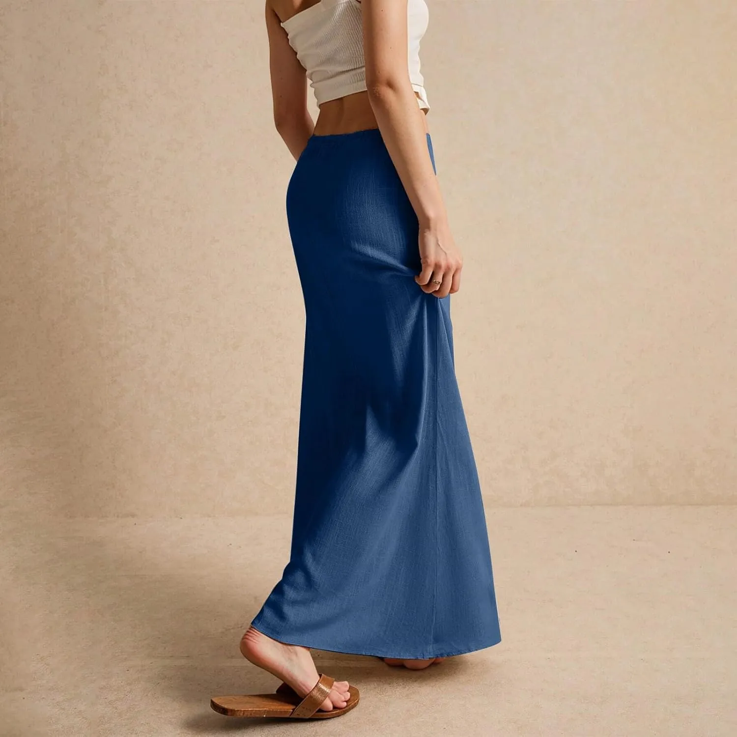Spring Skirts for Women Cotton Linen Long Summer Casual Drawstring Low Waist Linen Skirts Flowy Vacation Boho