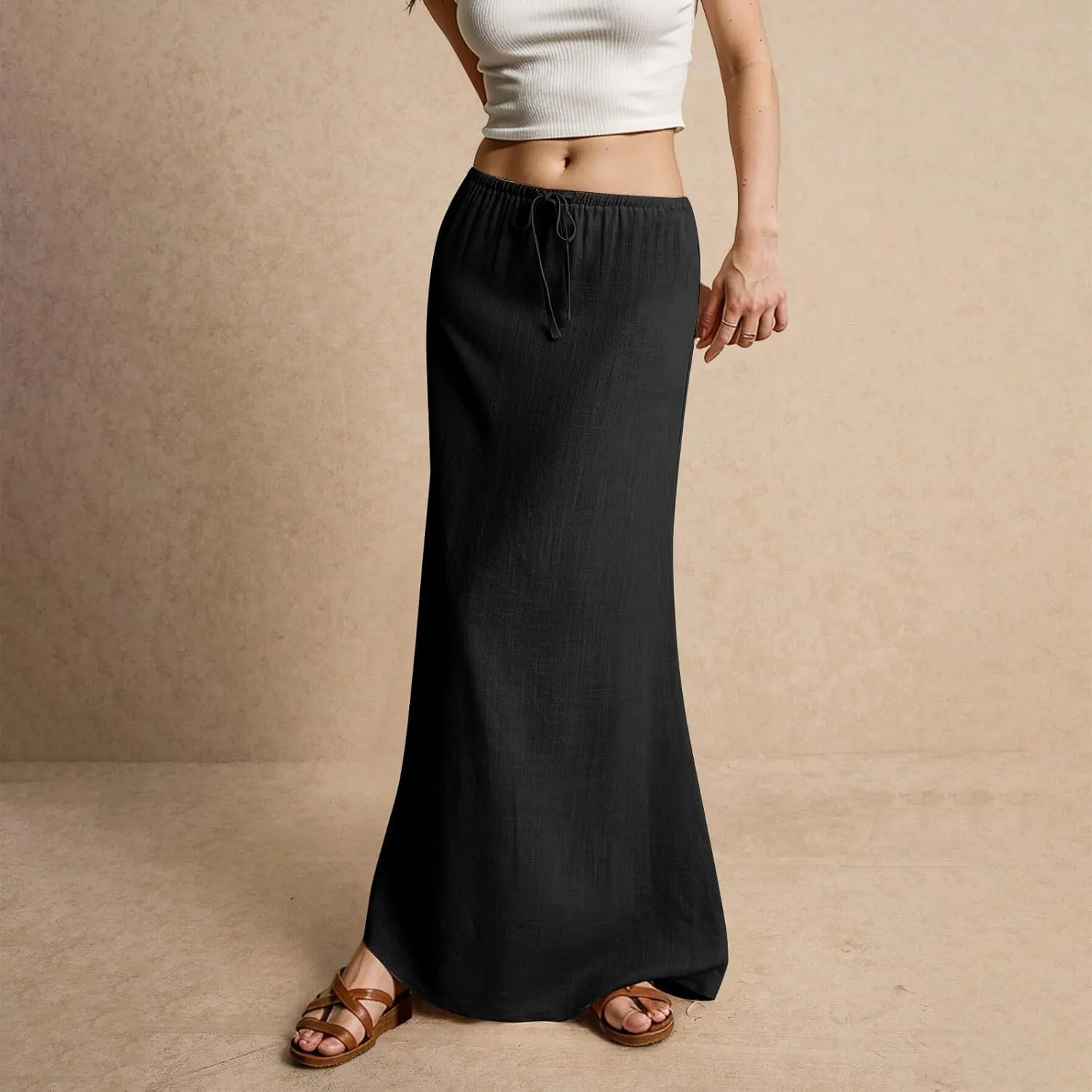Spring Skirts for Women Cotton Linen Long Summer Casual Drawstring Low Waist Linen Skirts Flowy Vacation Boho
