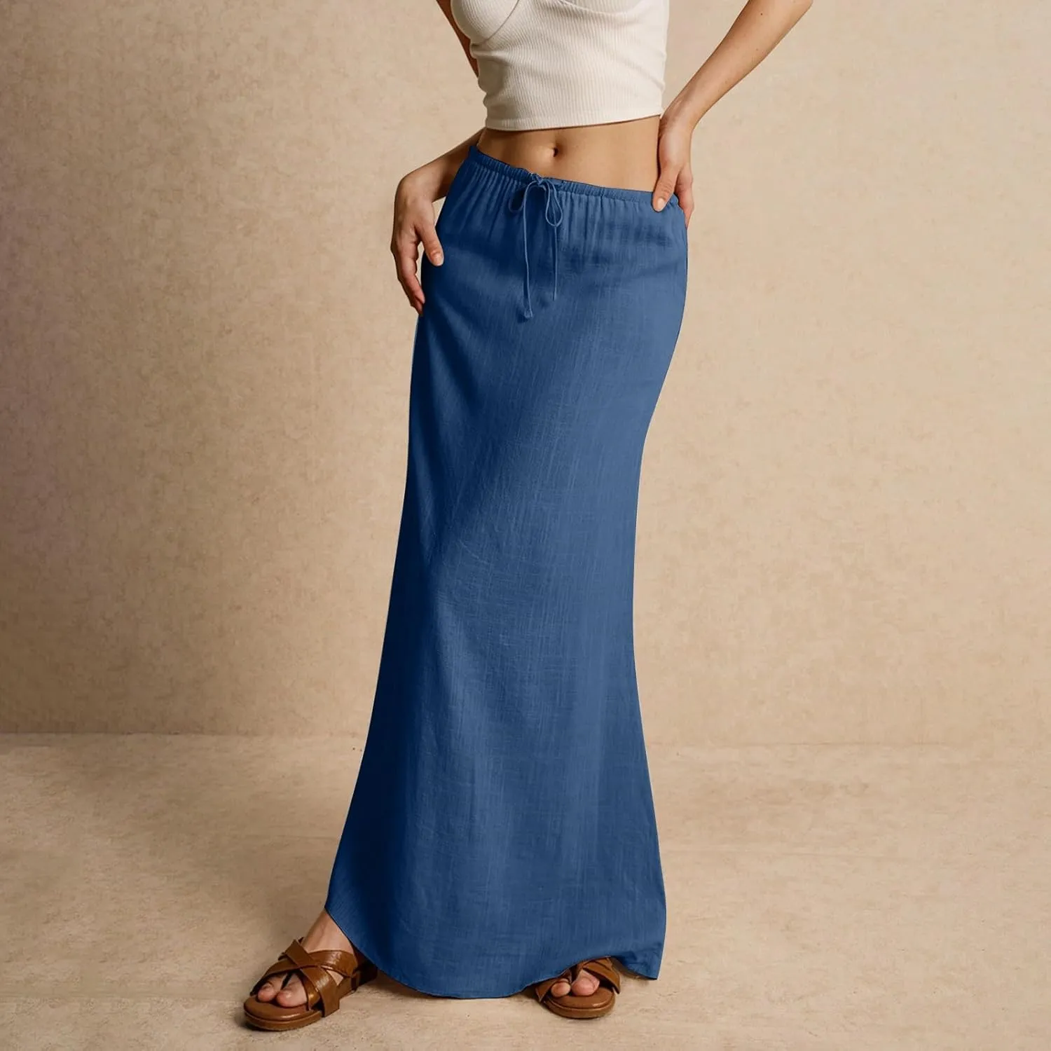 Spring Skirts for Women Cotton Linen Long Summer Casual Drawstring Low Waist Linen Skirts Flowy Vacation Boho