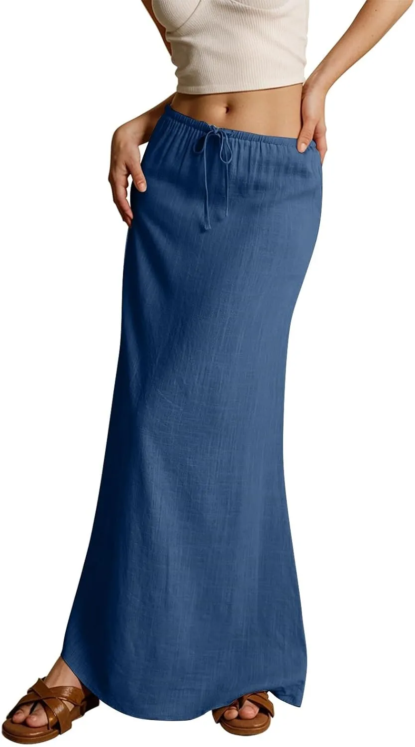 Spring Skirts for Women Cotton Linen Long Summer Casual Drawstring Low Waist Linen Skirts Flowy Vacation Boho