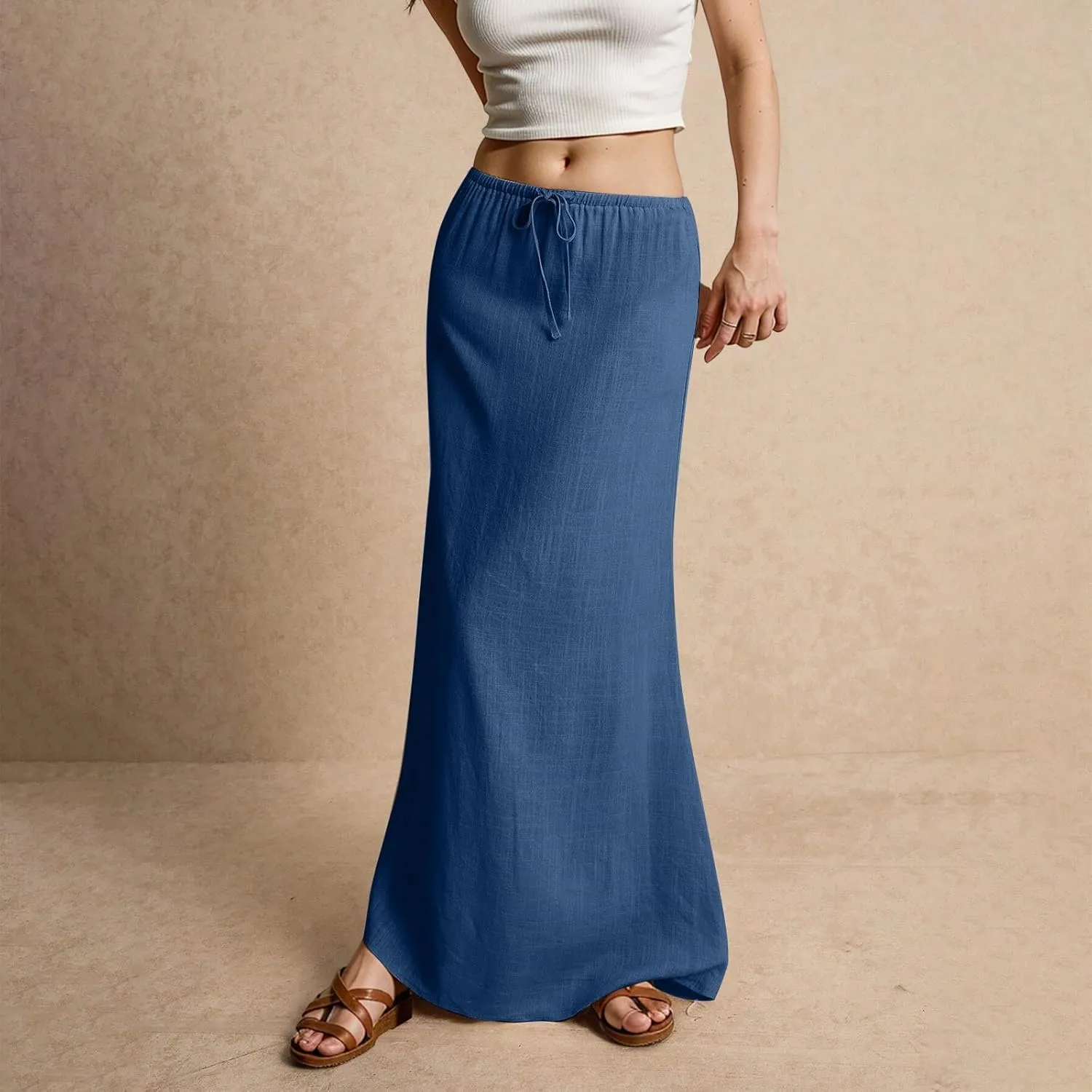 Spring Skirts for Women Cotton Linen Long Summer Casual Drawstring Low Waist Linen Skirts Flowy Vacation Boho