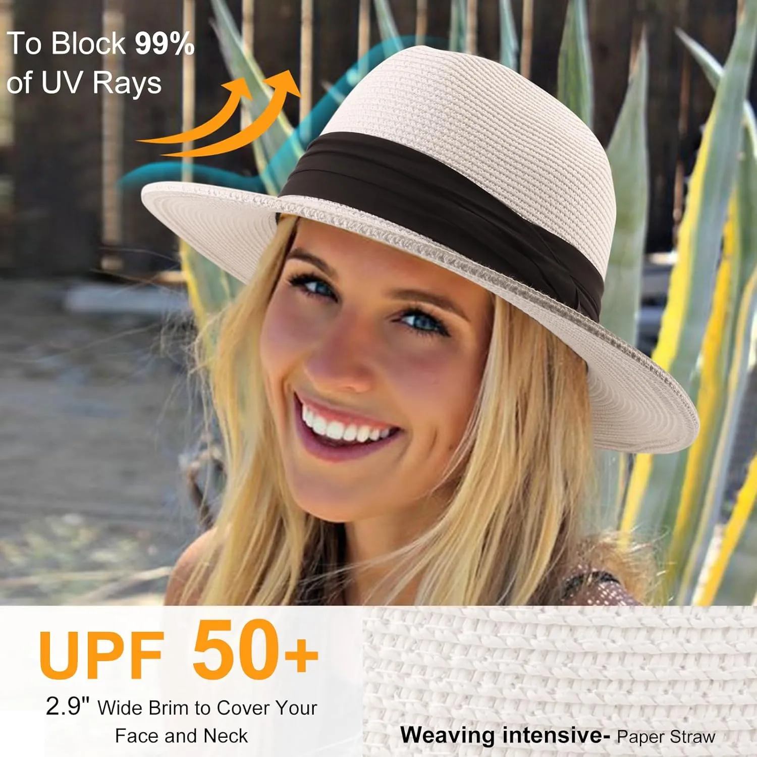 Summer Straw Fedora Hat for Women Men Travel Panama Hat with Wide Brim Roll Up Sun Hat for Beach Outdoor UPF 50 