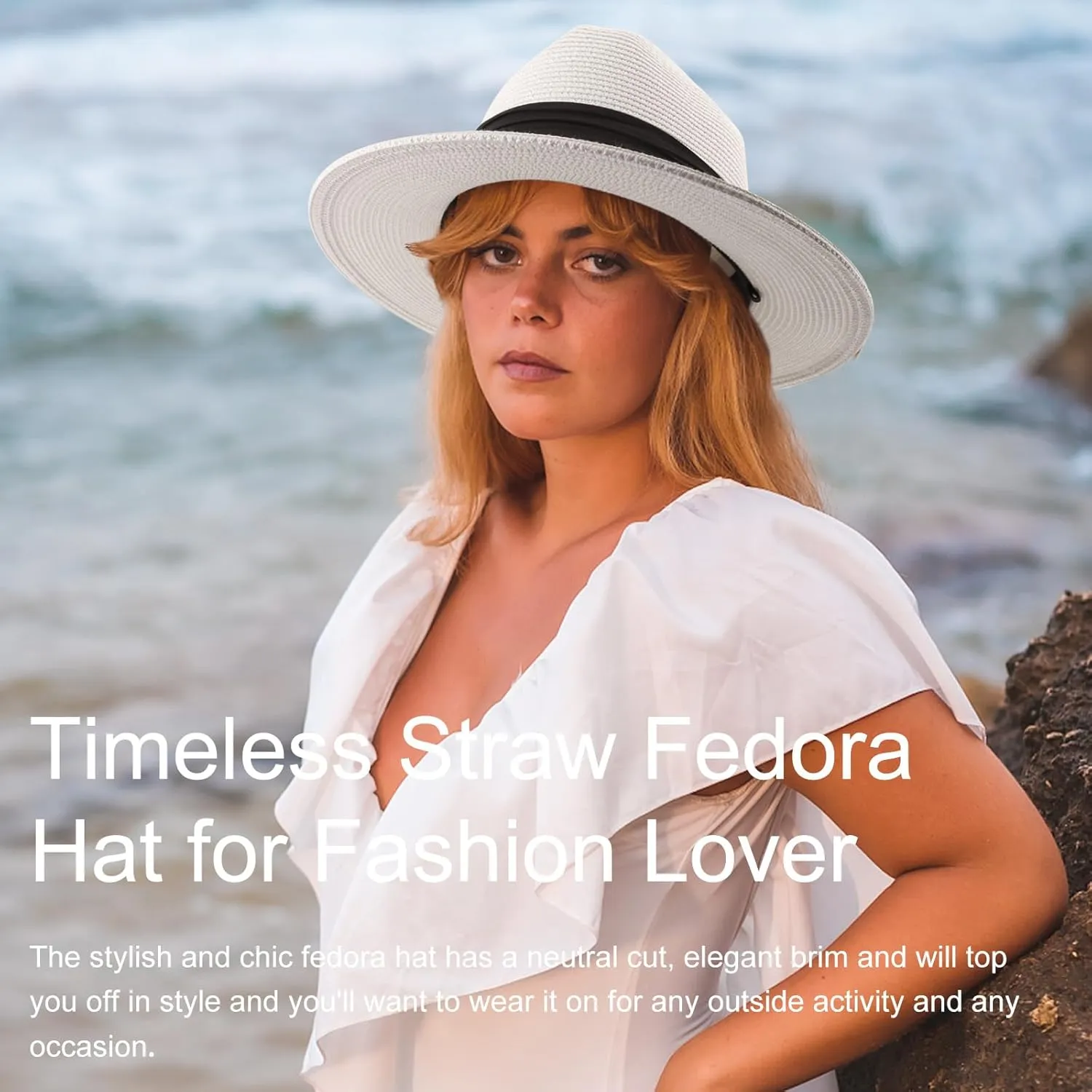Summer Straw Fedora Hat for Women Men Travel Panama Hat with Wide Brim Roll Up Sun Hat for Beach Outdoor UPF 50 