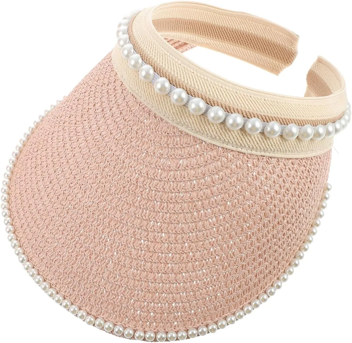 Summer Sun Hats Women's Fashion Pearl Decor Wide Brim Visor Cap for Outdoor