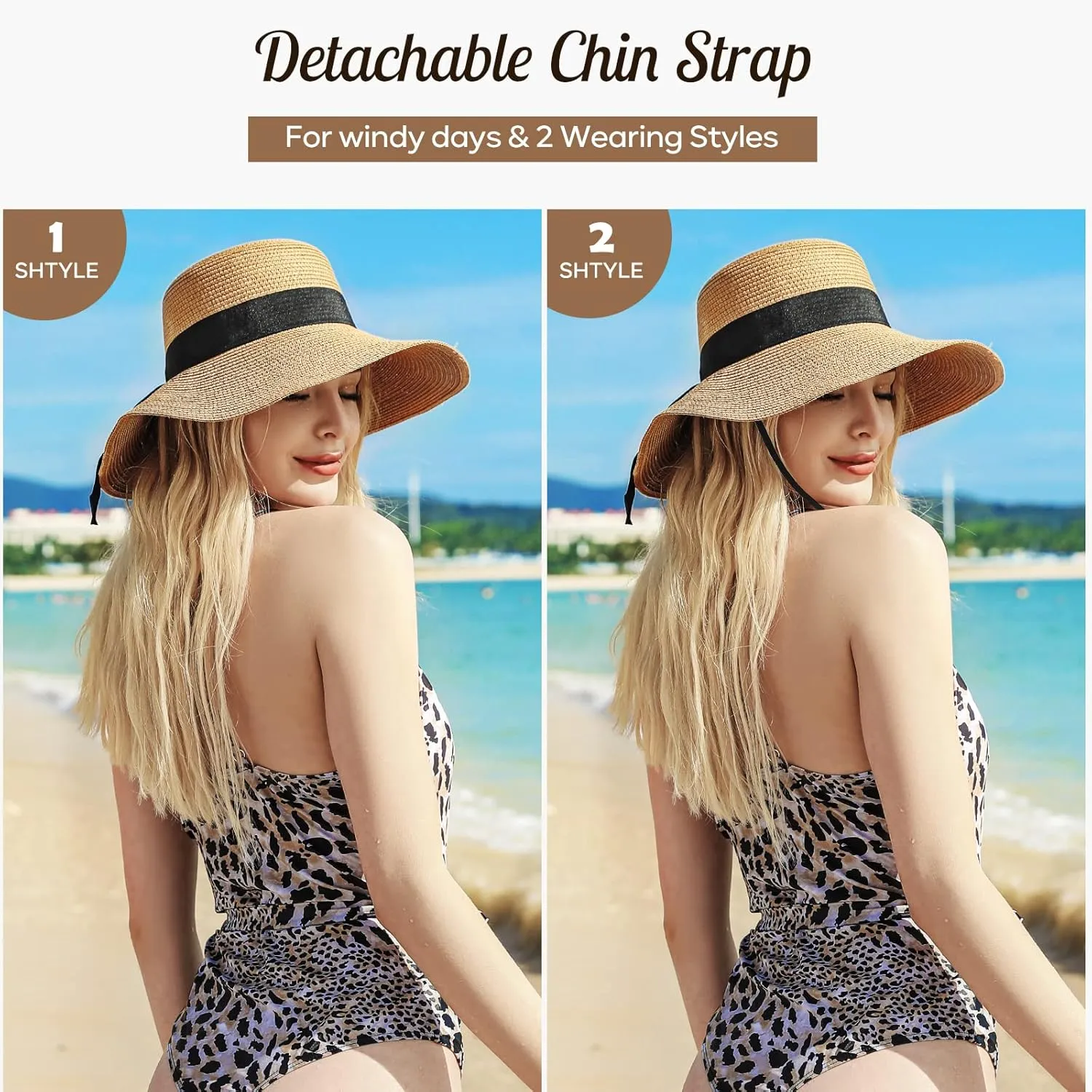 Sun Beach Hats for Women,Wide Brim Straw Hats Womens with Chin Strap, Foldable Woven Sun Hat UV Protection