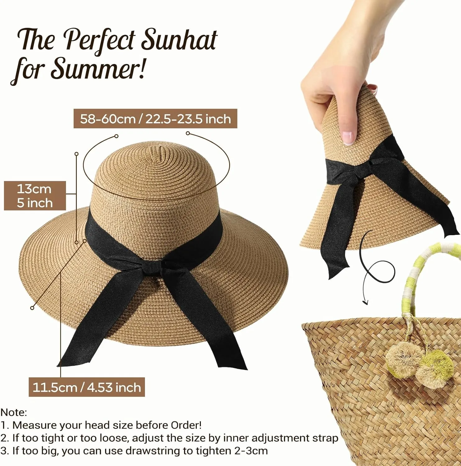 Sun Beach Hats for Women,Wide Brim Straw Hats Womens with Chin Strap, Foldable Woven Sun Hat UV Protection