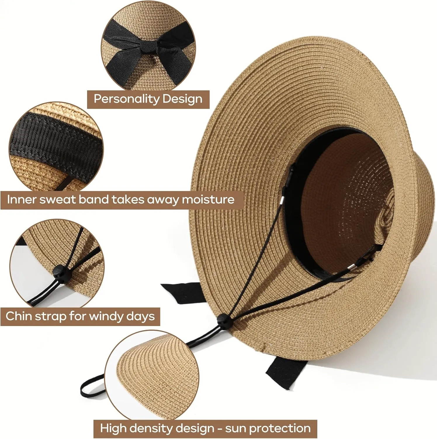 Sun Beach Hats for Women,Wide Brim Straw Hats Womens with Chin Strap, Foldable Woven Sun Hat UV Protection