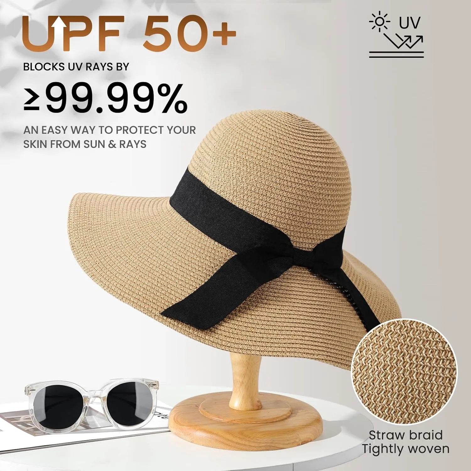 Sun Beach Hats for Women,Wide Brim Straw Hats Womens with Chin Strap, Foldable Woven Sun Hat UV Protection