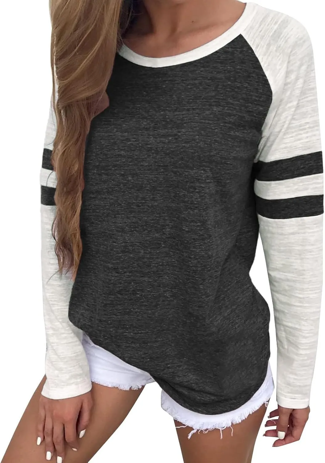Tops Striped Long Sleeve Shirts for Women Color Block Baseball T-Shirt Crewneck Tops Casual Loose Tees