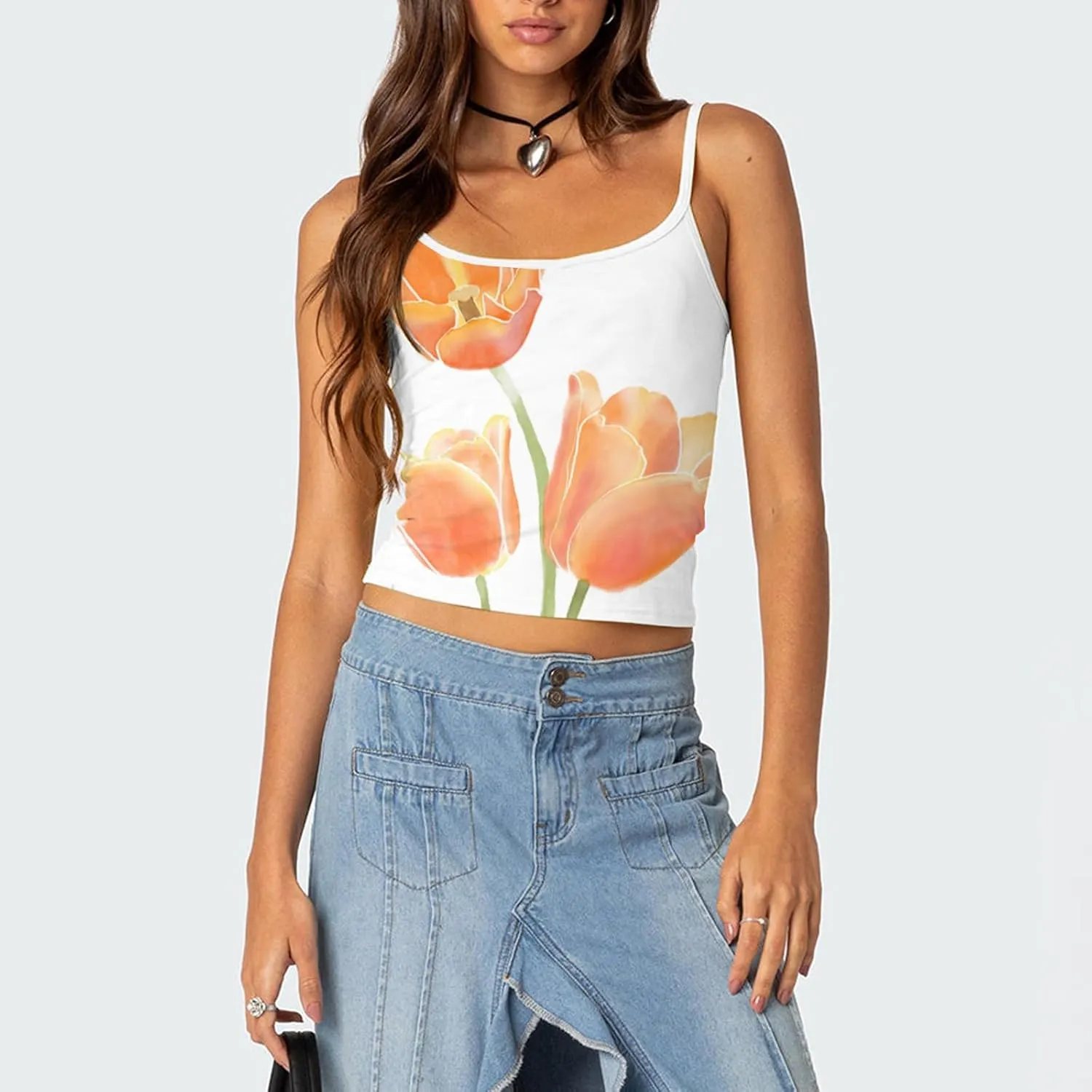 Women Floral Print Tank Top Aesthetic Graphic Sleeveless Spheghetti Strap Cami Shirt Y2k Vintage Going Out Crop Top