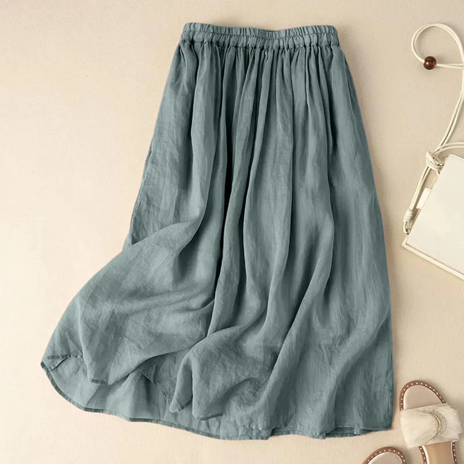 Women Linen Maxi Skirt Elastic Waist Flowy Peasant Long Skirts Renaissance Boho 2025 Summer Vacation A-Line Skirt