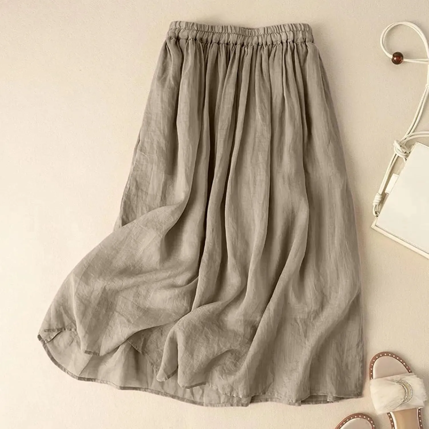 Women Linen Maxi Skirt Elastic Waist Flowy Peasant Long Skirts Renaissance Boho 2025 Summer Vacation A-Line Skirt