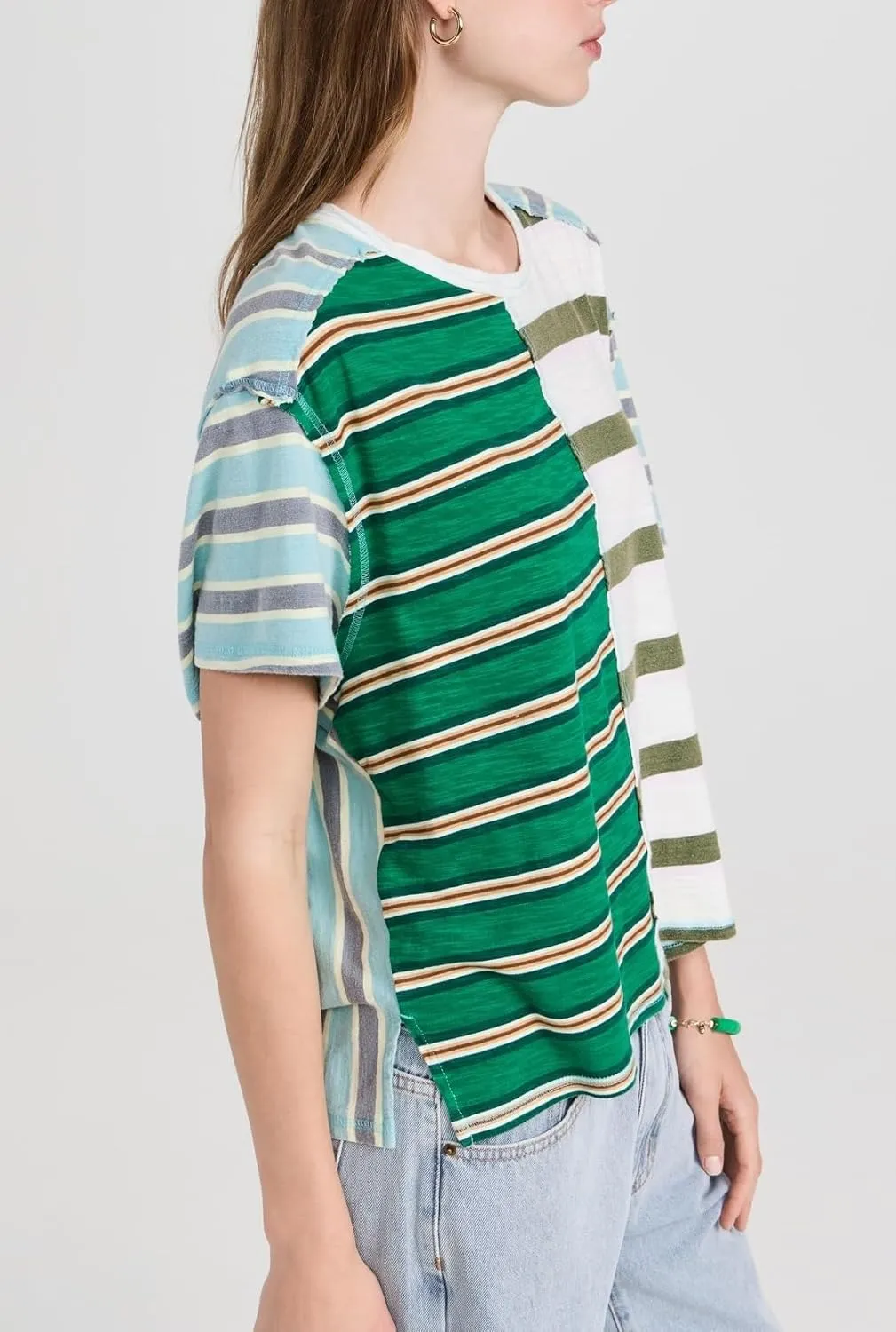 Women Oversized Striped T Shirt Crewneck Short Sleeve Color Black Shirts Loose Fit Summer Boxy Tops