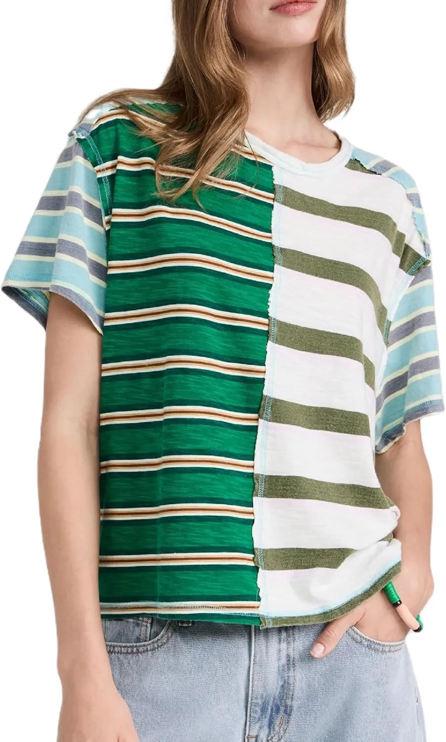 Women Oversized Striped T Shirt Crewneck Short Sleeve Color Black Shirts Loose Fit Summer Boxy Tops
