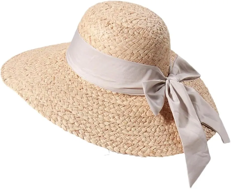 Women Summer Wide Brim Sun Hats Pink Bow Wedding Hat Large Beach Hats Beige