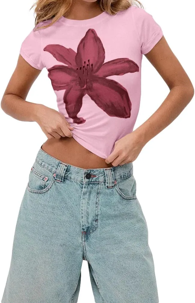 Women Y2K Short Sleeve Floral Print Baby Crop Tee Shirt Aesthetic Preppy Crew Neck Summer Going Out Tshirt Tops