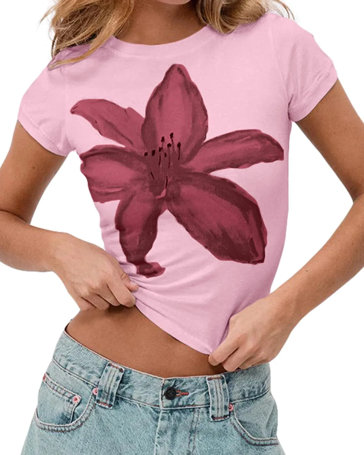 Women Y2K Short Sleeve Floral Print Baby Crop Tee Shirt Aesthetic Preppy Crew Neck Summer Going Out Tshirt Tops