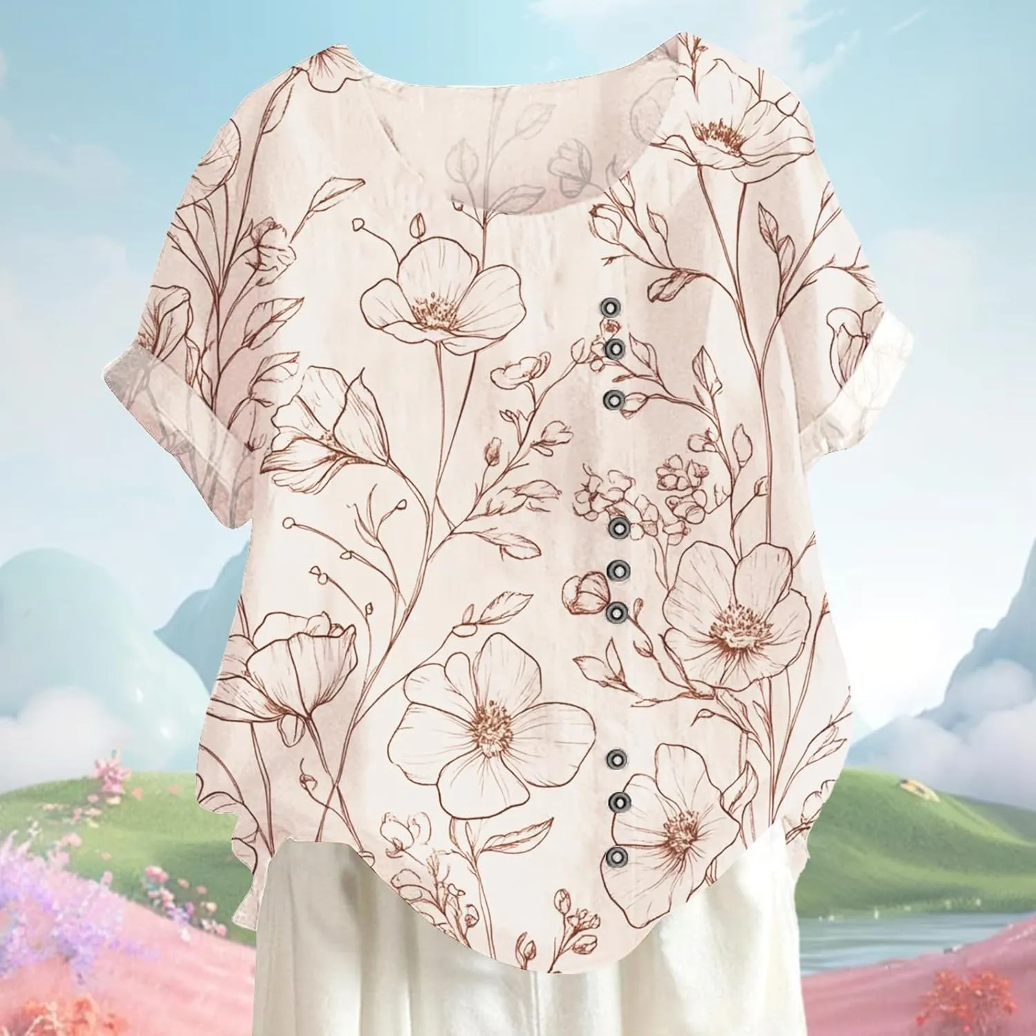 Women's Cotton Linen Tops Floral Short Sleeve Crewneck Boho Tunic Top Casual Loose Vacation T Shirt