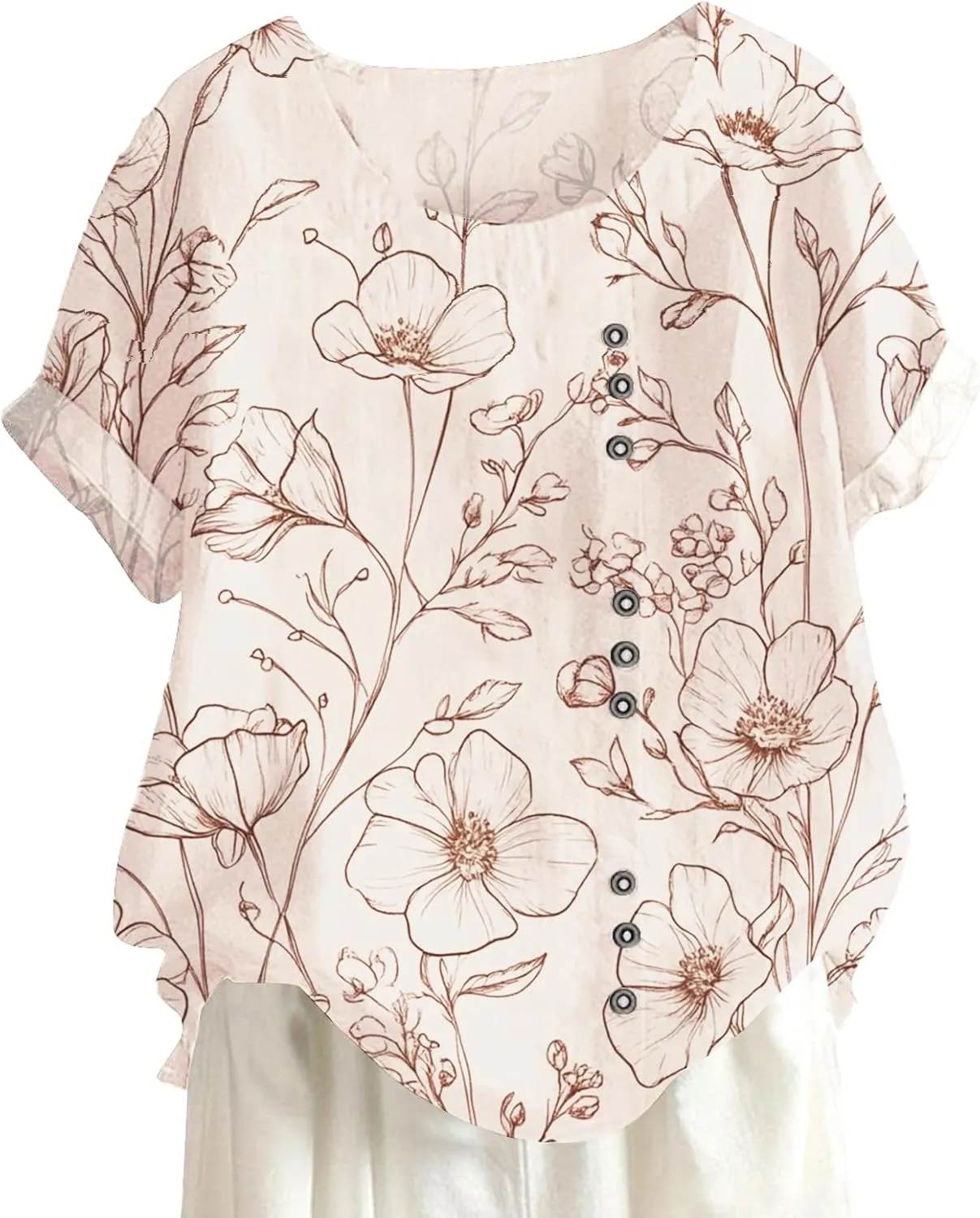 Women's Cotton Linen Tops Floral Short Sleeve Crewneck Boho Tunic Top Casual Loose Vacation T Shirt