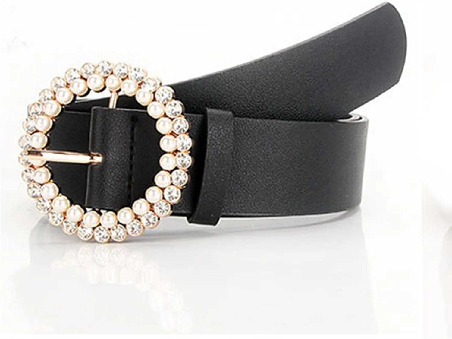 Women's Faux Leather Belt Fashion Belt Pearl Rhinestone Beaded Jeweled Round Casual Glitter Elegant Chunky Belt