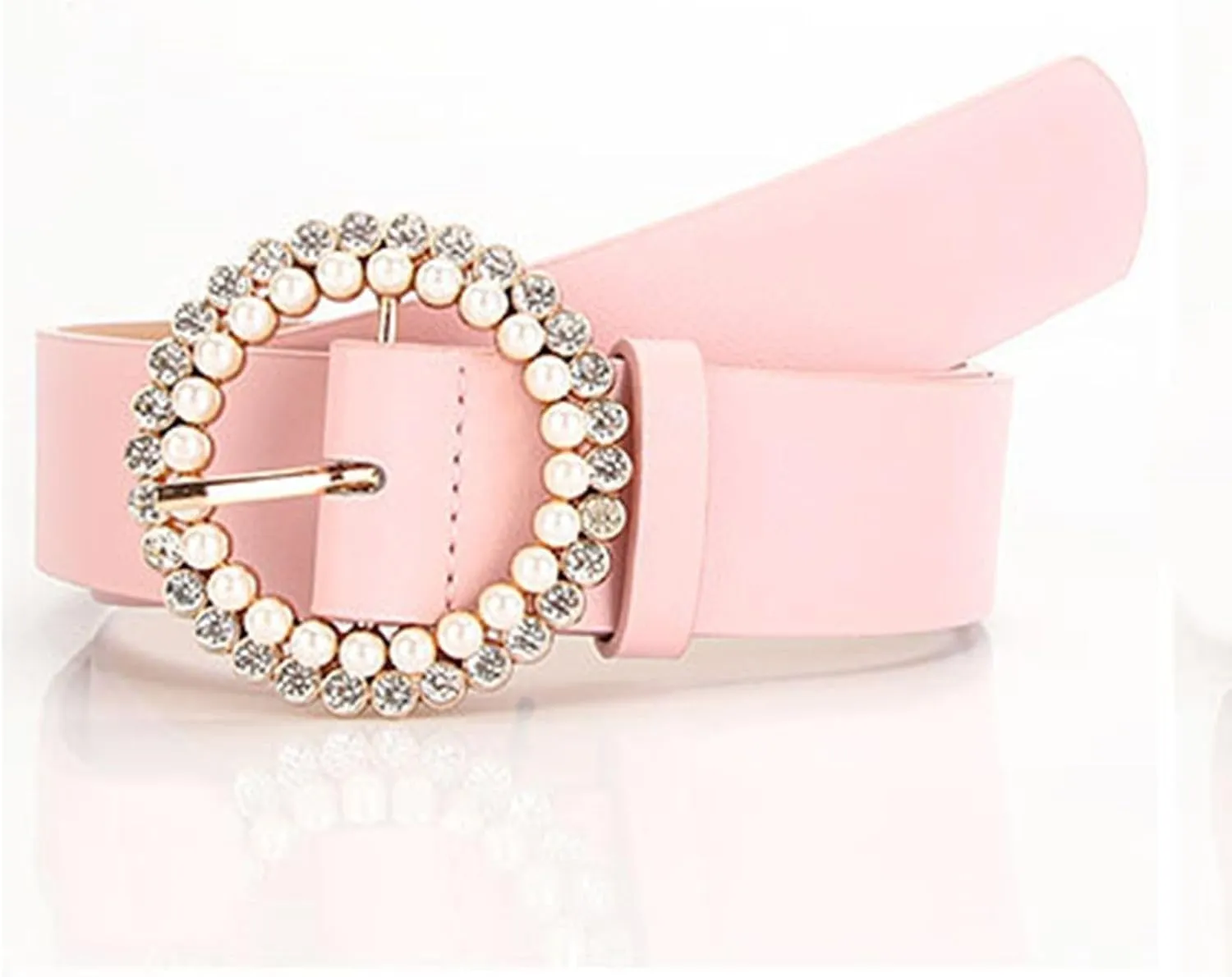 Women's Faux Leather Belt Fashion Belt Pearl Rhinestone Beaded Jeweled Round Casual Glitter Elegant Chunky Belt