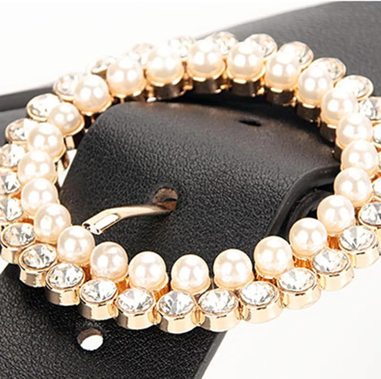 Women's Faux Leather Belt Fashion Belt Pearl Rhinestone Beaded Jeweled Round Casual Glitter Elegant Chunky Belt