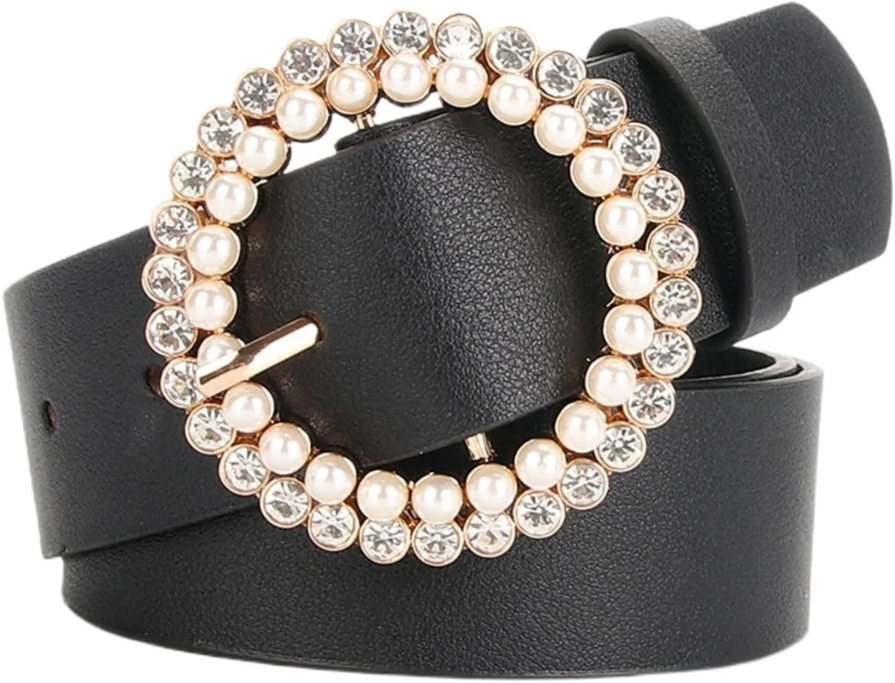 Women's Faux Leather Belt Fashion Belt Pearl Rhinestone Beaded Jeweled Round Casual Glitter Elegant Chunky Belt
