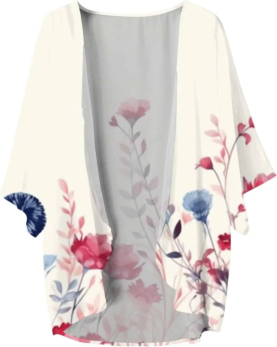 Womens Floral Chiffon Kimono Cardigans Casual Summer Lightweight Beach Cover Up 3/4 Sleeve Oversized Beach Vacation Tops