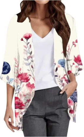 Womens Floral Chiffon Kimono Cardigans Casual Summer Lightweight Beach Cover Up 3/4 Sleeve Oversized Beach Vacation Tops