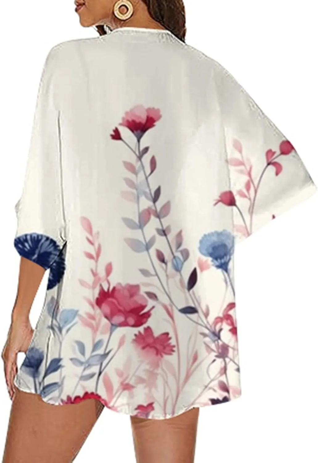 Womens Floral Chiffon Kimono Cardigans Casual Summer Lightweight Beach Cover Up 3/4 Sleeve Oversized Beach Vacation Tops