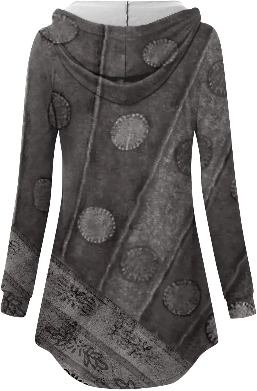 Womens Tunic Tops Winter Ethnic Floral Oversized Hoodie Long Sleeve Blouse Vneck Button Shirts Fall Sweatshirt Graphic