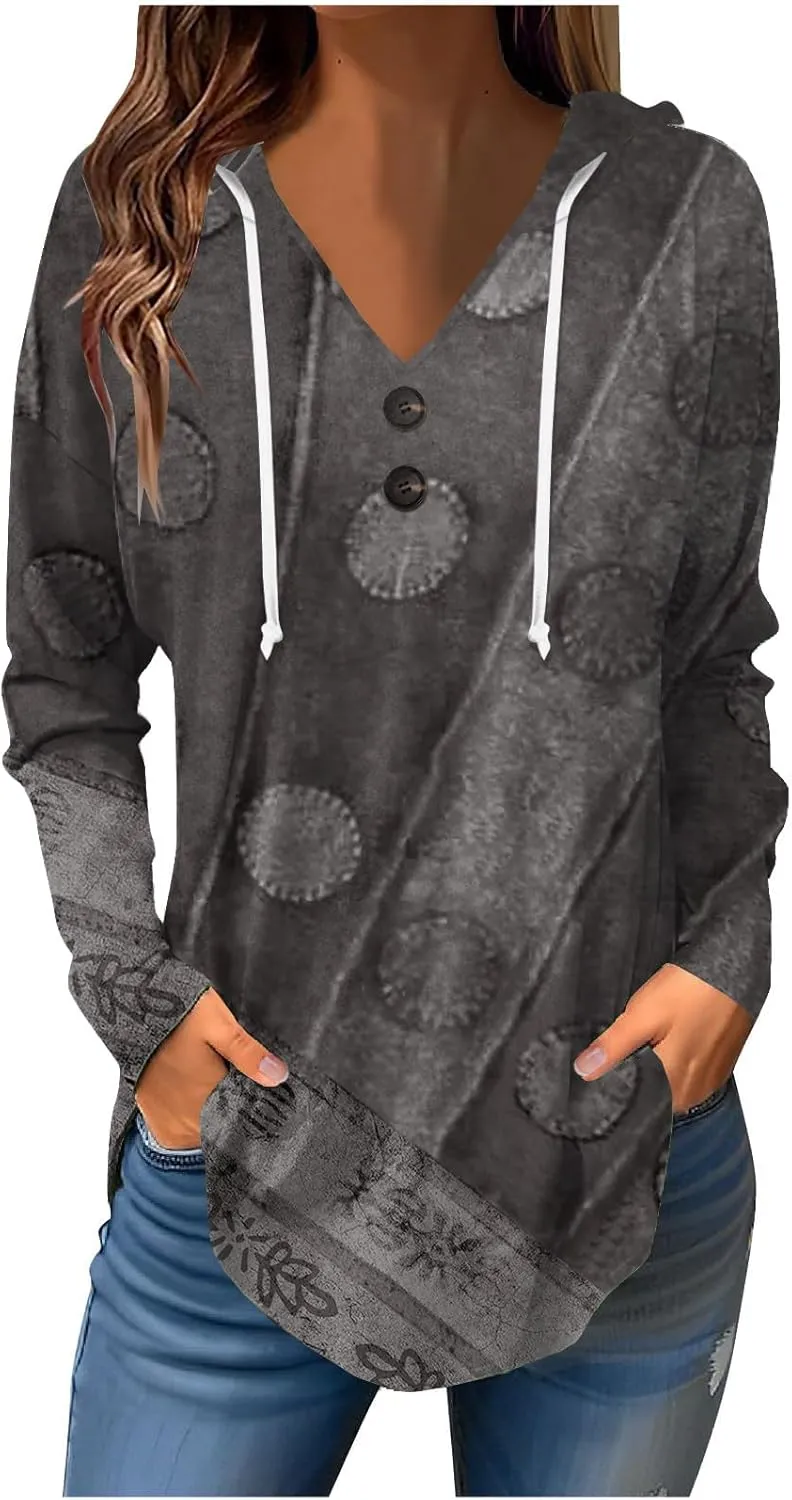 Womens Tunic Tops Winter Ethnic Floral Oversized Hoodie Long Sleeve Blouse Vneck Button Shirts Fall Sweatshirt Graphic