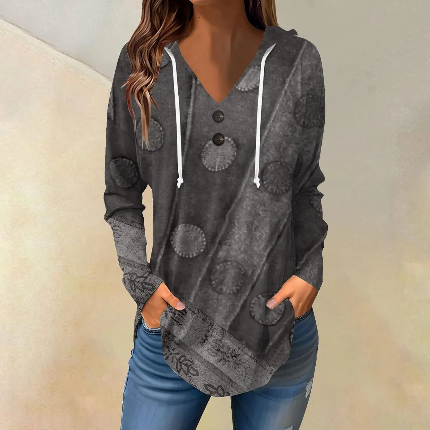 Womens Tunic Tops Winter Ethnic Floral Oversized Hoodie Long Sleeve Blouse Vneck Button Shirts Fall Sweatshirt Graphic