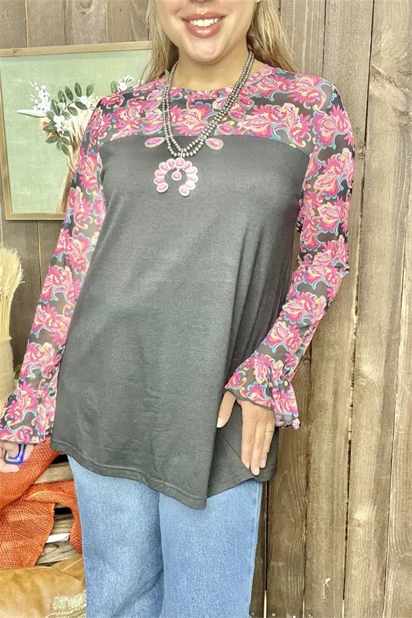 XCH14338 Paisley floral multi color printed black block long sleeve women tops